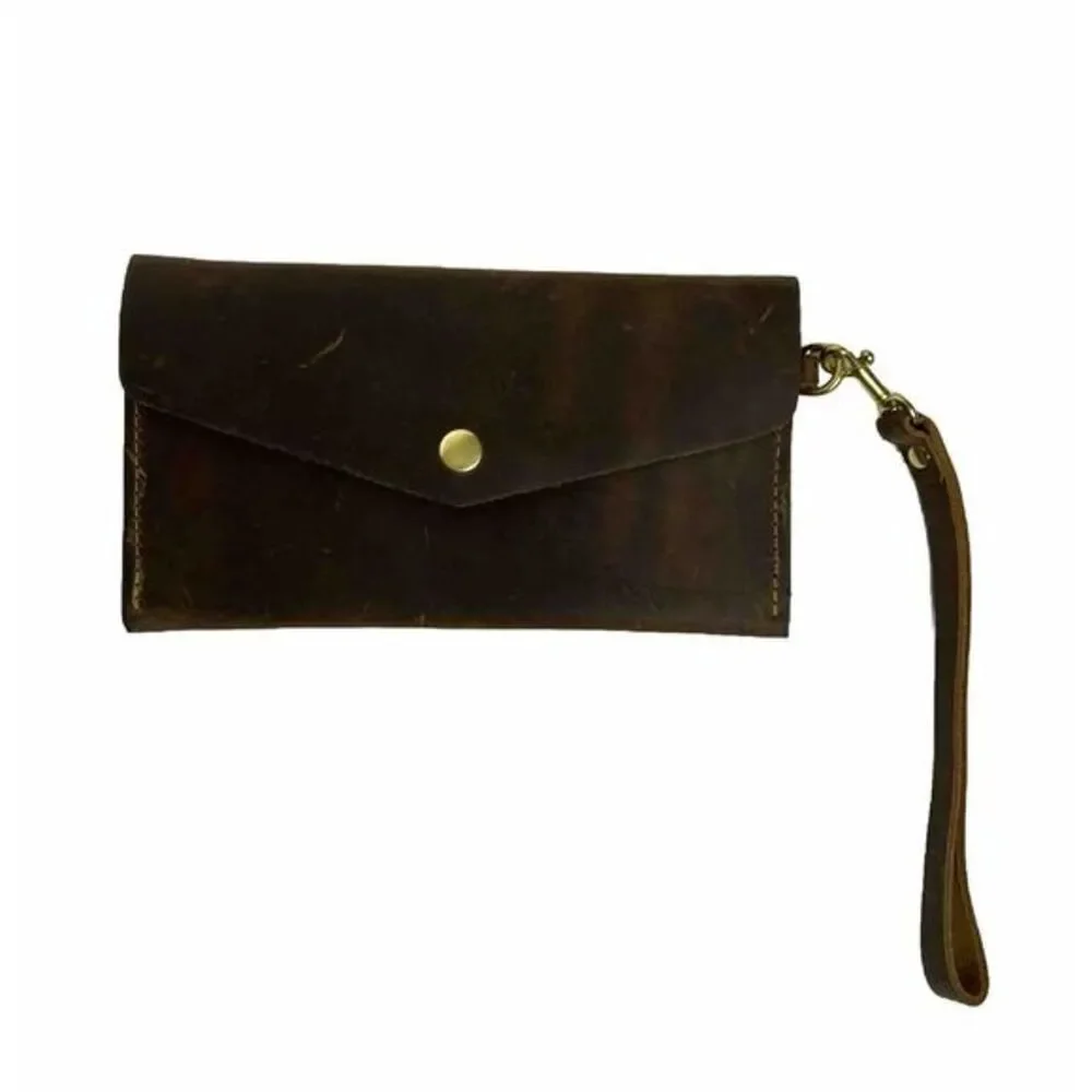 San Tan Leather Brown Wristlet Wallet Brown Gold Zipper‎ & Hardware - Unbranded